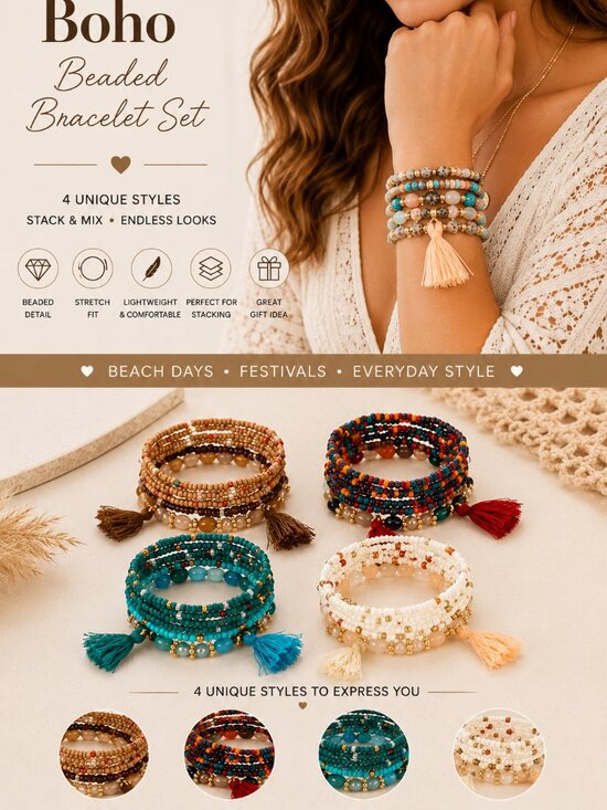 PM Jewelry - Boho Beaded Tassel Stretch Bracelet Set Multicolor Layered Stack Bracelet